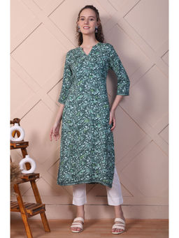 Aurelia - Green Floral Batik Printed Straight Kurta