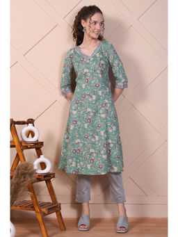Aurelia - Green Floral Printed Pure Cotton A-line Kurta