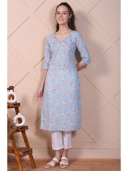 Aurelia - Blue Botanical Printed Pure Cotton Straight Kurta