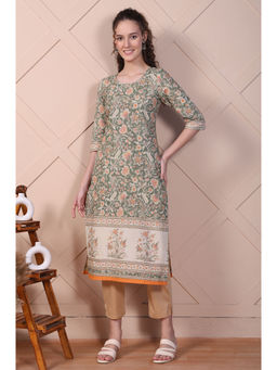 Aurelia - Green Floral Printed Cotton Lurex Straight Kurta