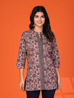 KAFTANIZE - Faded Purple Floral Print Short Cotton Kurti