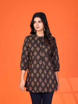 KAFTANIZE - Dark Brown Hand Block Print Short Cotton Kurti