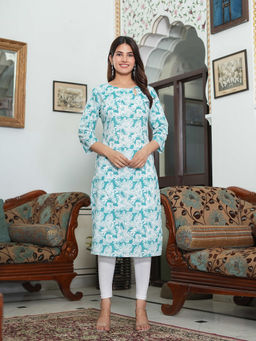 SAK JAIPUR - Aqua Cotton Printed Three Fourth Sleeves Kurta