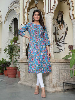 SAK JAIPUR - Blue Cotton Printed Three Fourth Sleeves Kurta