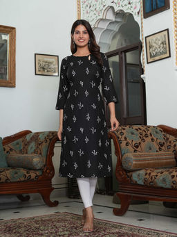 SAK JAIPUR - Black Rayon Printed Three Fourth Sleeves Kurta