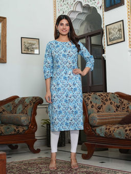 SAK JAIPUR - Blue Cotton Printed Three Fourth Sleeves Kurta