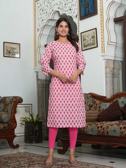 SAK JAIPUR - Pink Cotton Printed Three Fourth Sleeves Kurta