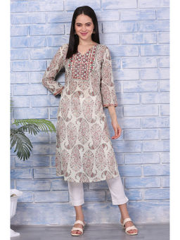 W - Beige Paisley Printed Pure Cotton Straight Kurta