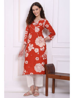 W - Red Bold Floral Printed Pure Cotton Straight Kurta