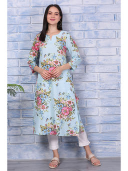 W - Blue Floral Printed Pure Cotton Straight Kurta