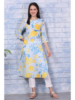 W - Blue Floral Printed Pure Cotton Straight Kurta with Lace