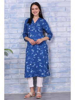 W - Blue Floral Printed Rayon Straight Casual Kurta