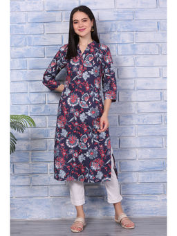 W - Navy Blue Floral Printed Rayon Straight Casual Kurta