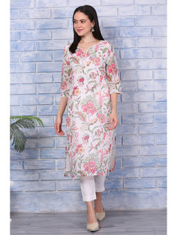 W - Off-White Floral Printed Kota Straight Kurta with Lace