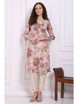 W - Pink Floral Printed Chanderi Straight Kurta