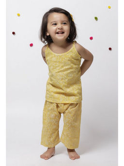 Tjori - Sehar Yellow Kota Slip Top With Handblock Printed Cotton Pants (Set of 2)