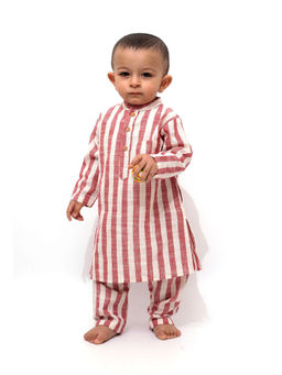 Tjori - Goofy Cherry Pink Stripe Tunic Kurta Pyjama (Set of 2)