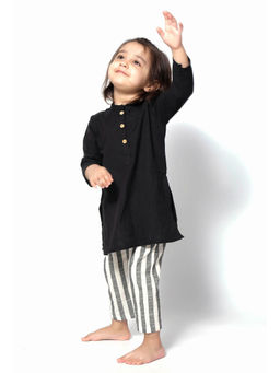 Tjori - Mulan Black Handblock Cotton Kurta With Green Stripes Pants (Set of 2)