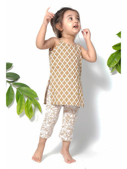 Tjori - Jasmine Brown Handblock Suit Slip With Cotton Pants (Set of 2)
