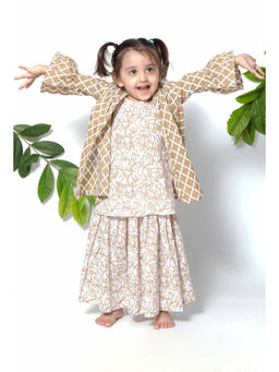 Tjori - Rapunzel Brown Floral Cape Jacket With Cotton Slip Kurta And Jacket (Set of 3)