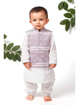 Tjori - Rubble Purple Jacket With White Kurta Pyjama (Set of 3)
