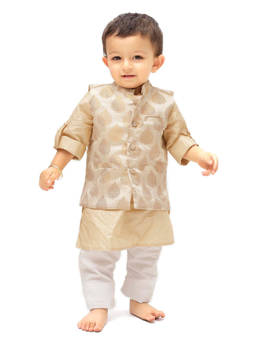 Tjori - Beige Brocade Nehru Jacket And Cotton Silk Kurta Pyjama (Set of 3)