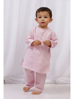 Tjori - Pink Striped Cotton Kurta And Pyjama (Set of 2)