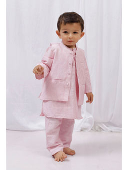 Tjori - Pink Striped Cotton Kurta And Pyjama With Pink Striped Nehru Jacket (Set of 3)