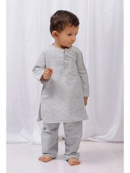 Tjori - Grey Striped Cotton Kurta And Pyjama (Set of 2)