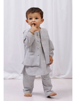 Tjori - Black Striped Cotton Kurta And Pyjama With Striped Nehru Jacket (Set of 3)
