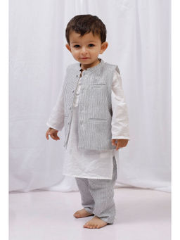 Tjori - White Striped Cotton Kurta And Pyjama With Black Striped Nehru Jacket (Set of 3)