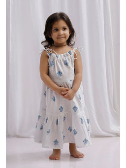 Tjori - Blue Tie-Up Block Printed Cotton Tier Flare Dress