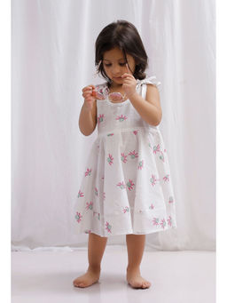 Tjori - Pink And Green Block Printed Cotton Tie-Up Flared Dress