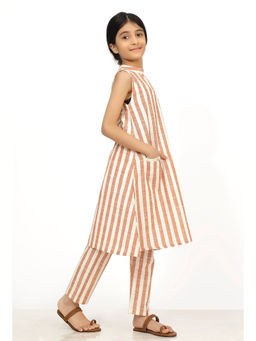 Tjori - Mustard Stripes Cotton Kurti With Pants (Set of 2)