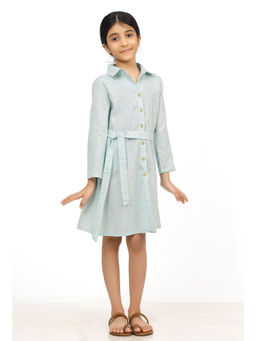 Tjori - Blue Melange Cotton Tunic Dress With Waist Belt (Set of 2)