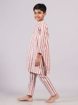 Tjori - Red Stripes Cotton Kurta Pyjama (Set of 2)