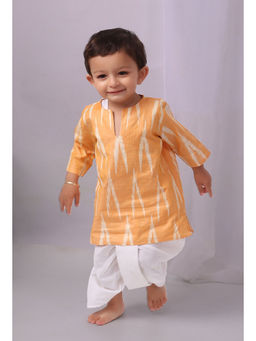 Tjori - Mustard Yellow Ikat Kurta With White Dhoti Pants (Set of 2)