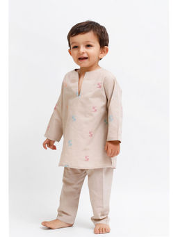Tjori - Beige Dobby Kurta And Beige Pant (Set of 2)