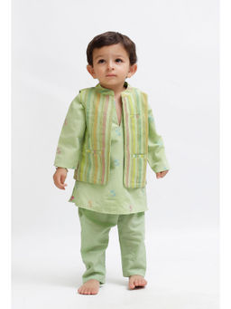 Tjori - Green Dobby Kurta And Green Pant With Green Striped Nehru Jacket (Set of 3)