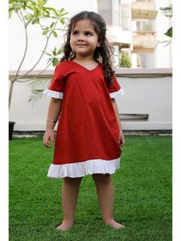Tjori - Snow Red And Off White Cotton Dress