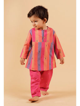 Tjori - Pink Striped Kurta Paired With Buti Woven Pant (Set of 2)