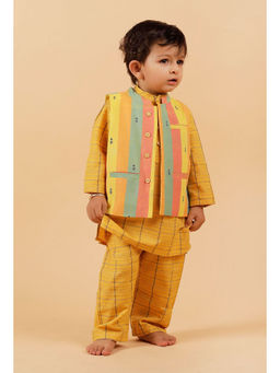 Tjori - Yellow Checked Kurta With Pant And Nehru Jacket (Set of 3)