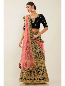 Soch - Women Navy Blue Velvet Embroidered Lehenga Choli Dress Material (Set of 3)