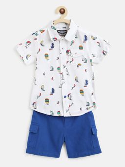 Nautinati - Boys White Navy Blue Printed Pure Cotton Shirt with Shorts (Set of 2)