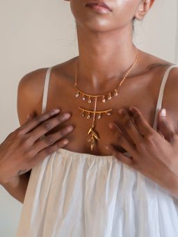 Dhwani Bansal - Statement Zuri Pendant With Gold Dipped Baroque Pearls And Textured Gold Plated Brass