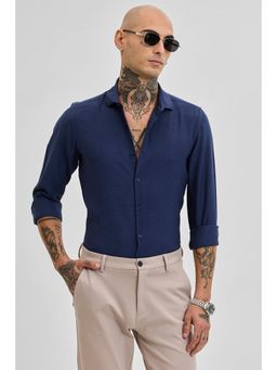 Snitch - Dark Blue Slim Fit Linen Blend Shirt