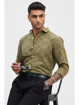 Snitch - Olive Self-Design Slim Fit Shirt