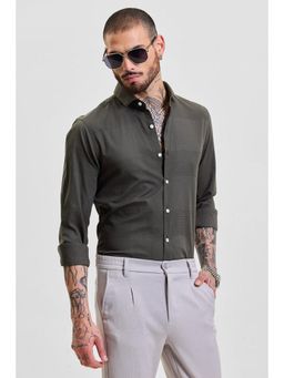 Snitch - Olive Self-Design Slim Fit Shirt