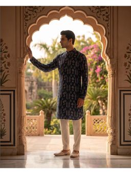 PRATEEK MUNJAL - Front Open Navy Blue Kurta with Pant