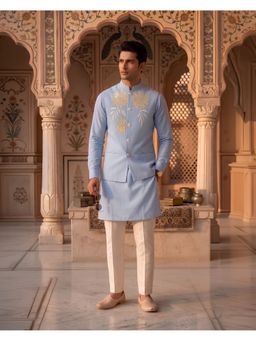 PRATEEK MUNJAL - Light Blue Embroidered Kurta with Pant and Nehru Jacket